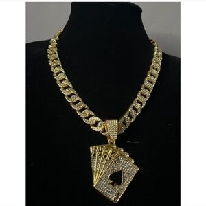 Hip Hop Iced Out Fully Rhinestone Gold Card Pendant & Cuban Chain Necklace 18"